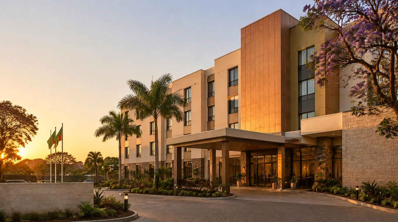 Copper Crest Hotel concept exterior at golden hour