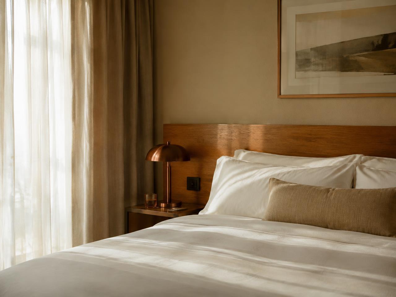 Hotel bedroom with ivory linen and a copper bedside lamp