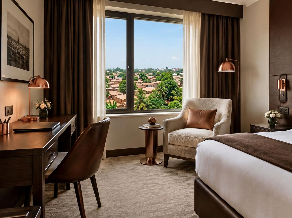 Hotel room with a desk, armchair and window overlooking trees